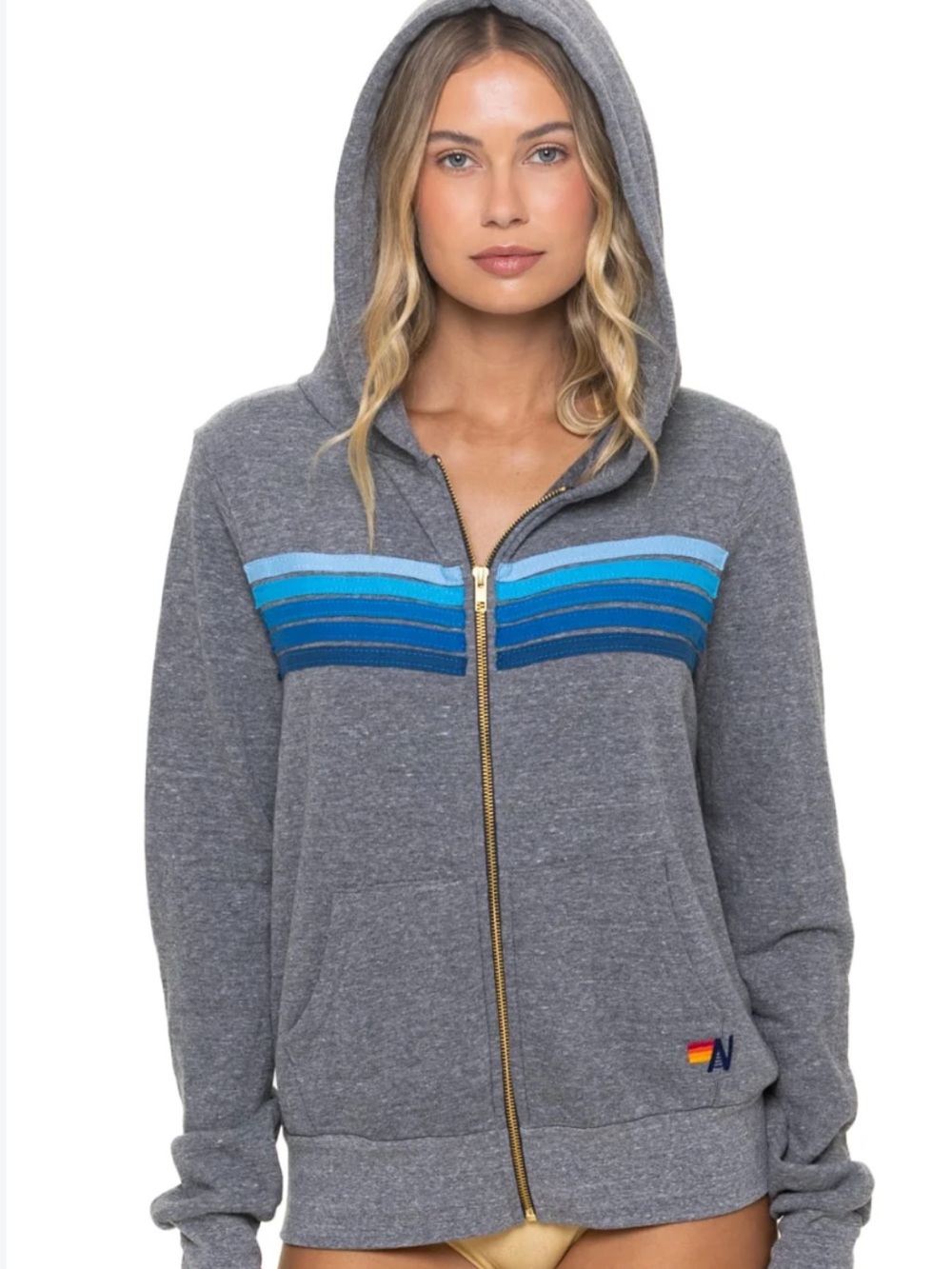 Aviator Nation 5 Stripe Unisex gray and blue stripe hoodie size S